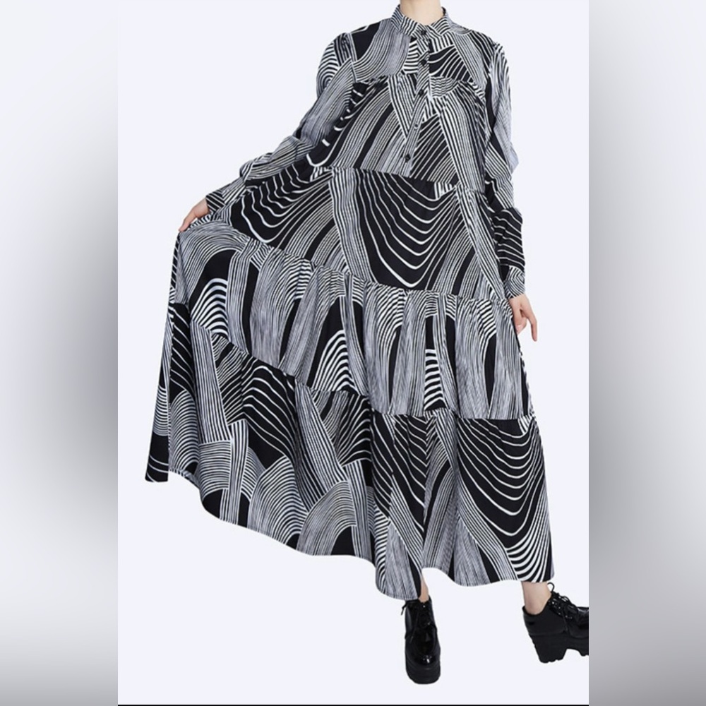 Printed half button tiered dress